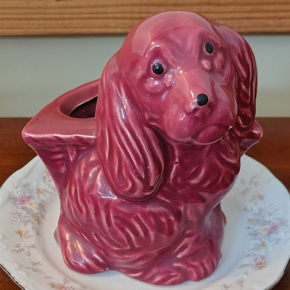Vintage Pottery Sad Cocker Spaniel Burgundy Weeping Dog Planter He Needs a Home!